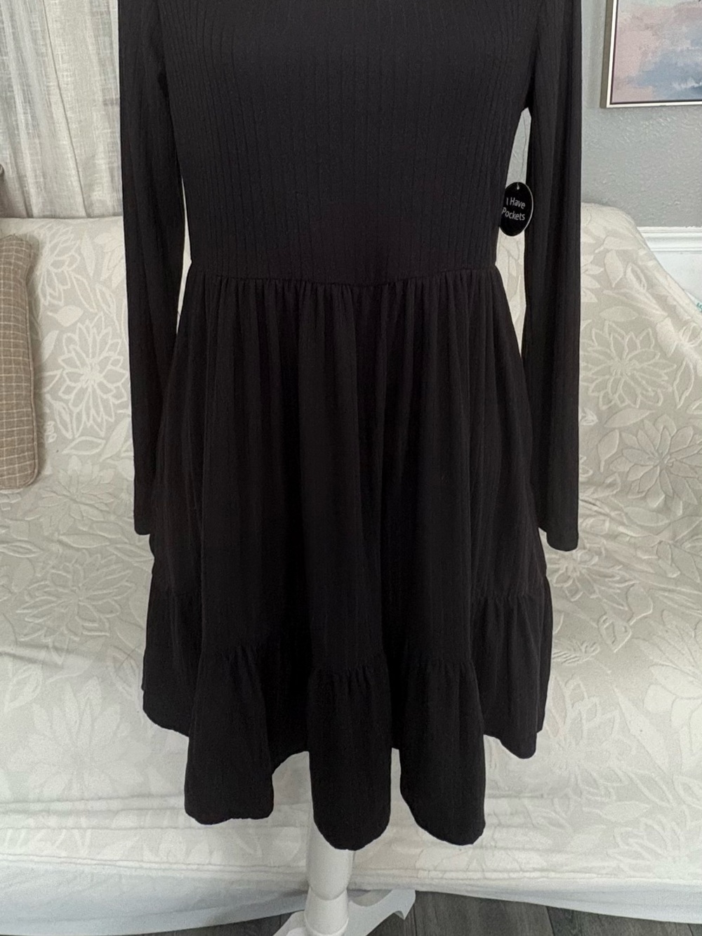 just be Black Long-Sleeve Tiered Knit Midi Dress